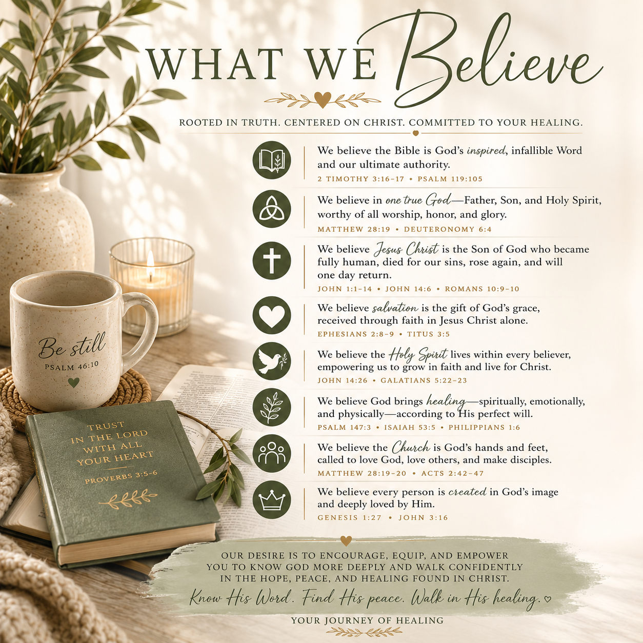 A square cream-colored card or print featuring the heading 'WHAT WE Believe' with religious text, scripture references, and several small icons. On the left side is a photograph of an open Bible with a gold cross and the words 'Be still and know God' on the cover.