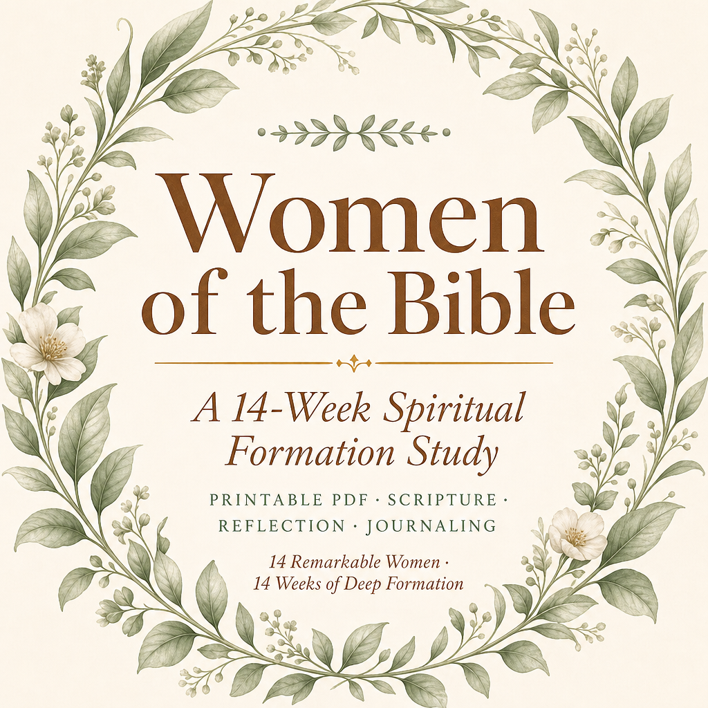 A square promotional graphic for a study titled "Women of the Bible" with decorative botanical leaves and small flowers framing the text on a warm cream background.