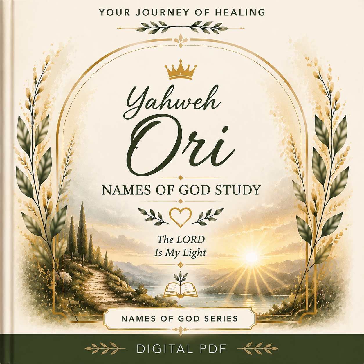 Yahweh Ori Names of God Bible Study printable PDF by Your Journey of Healing featuring an elegant botanical cover with a sunrise landscape, titled "The LORD Is My Light," from the Names of God Series.