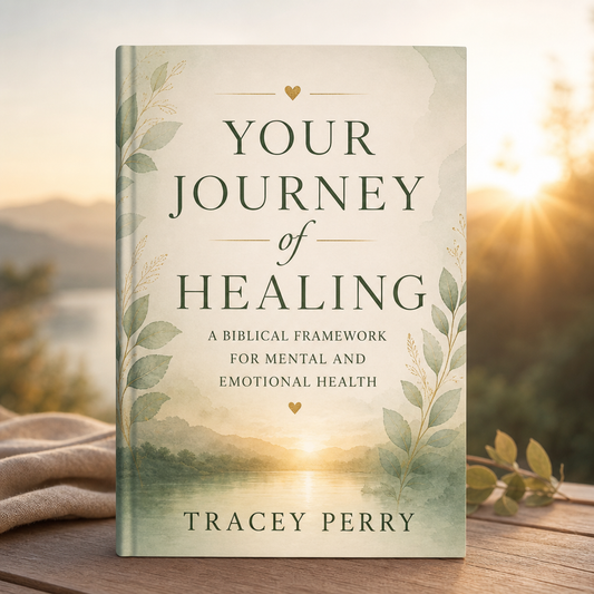 A book titled "Your Journey of Healing" by Tracey Perry stands upright on a wooden surface outdoors at sunset. The cover has a soft cream and sage-green watercolor design with leafy illustrations and small gold heart accents.