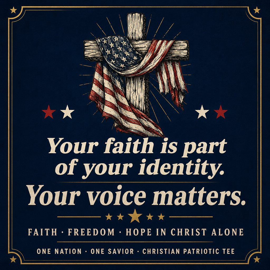 Patriotic graphic design for a Christian patriotic tee, featuring a wooden cross draped with an American flag on a dark navy blue background with gold decorative borders and text reading 'Your faith is part of your identity. Your voice matters.